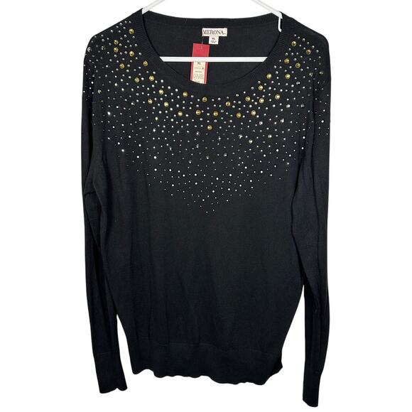 NWT Merona Rhinestone Embellished Round Neck Cotton Black Sweater Women's XL - Picture 1 of 5